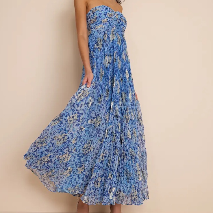 Lulus Lynwen Blue Abstract Pleated Strapless Maxi Dress - Medium